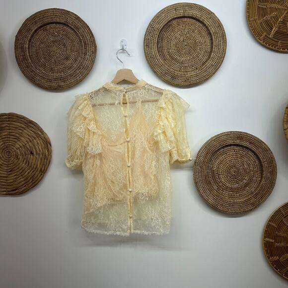 Free People Cream Sheer Lace Overlay Lined Short Sleeve Blouse Small Feminine - Picture 4 of 11